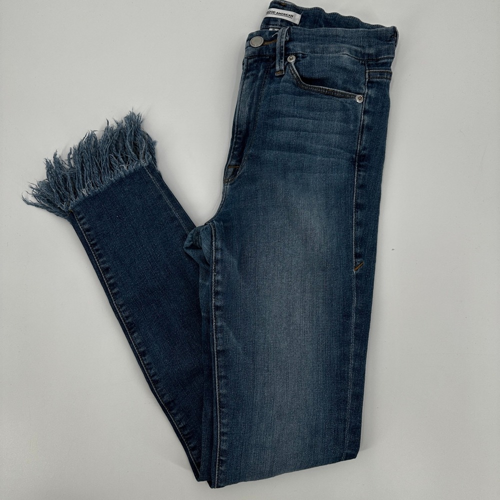 GOOD AMERICAN The High Rise Skinny Jeans Frayed Hem Blue Wash Women's Size 0‎ 25